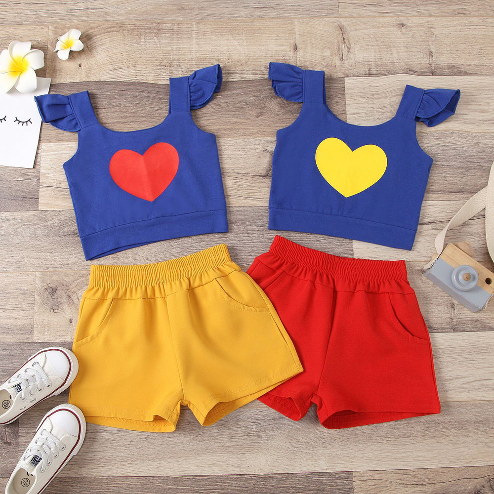 2 PCS Toddler Girl Flutter Sleeve Love Heart Top And Shorts Set Wholesale 99024744