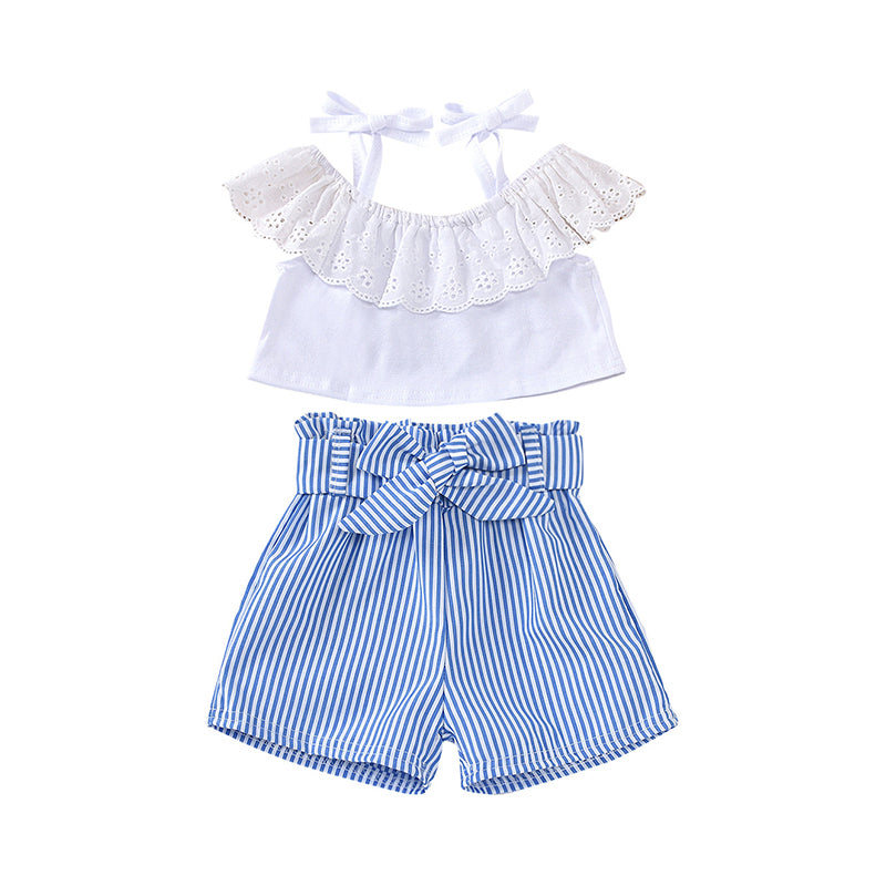 2 PCS Toddler Girl Off Shoulder Withe Stripe Belted Shorts Set Wholesale 70374809