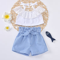 Load image into Gallery viewer, 2 PCS Toddler Girl Off Shoulder Withe Stripe Belted Shorts Set Wholesale 70374809
