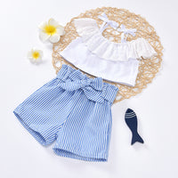 Load image into Gallery viewer, 2 PCS Toddler Girl Off Shoulder Withe Stripe Belted Shorts Set Wholesale 70374809
