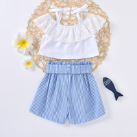 Load image into Gallery viewer, 2 PCS Toddler Girl Off Shoulder Withe Stripe Belted Shorts Set Wholesale 70374809
