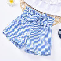 Load image into Gallery viewer, 2 PCS Toddler Girl Off Shoulder Withe Stripe Belted Shorts Set Wholesale 70374809
