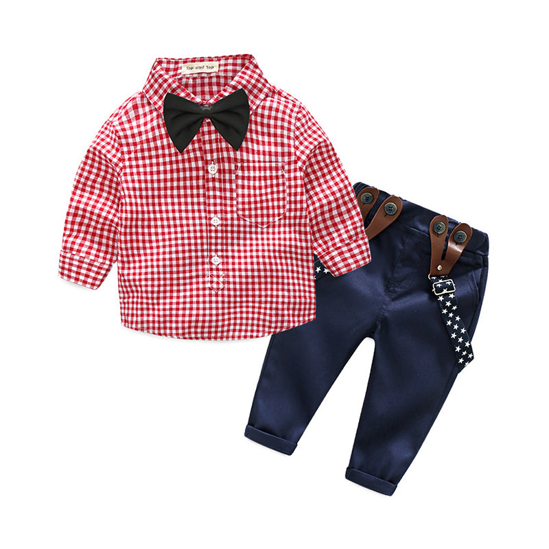 2 Pcs Baby Boy Set Plaid Bowtie Shirt Matching Suspender Pants Wholesale 05595254