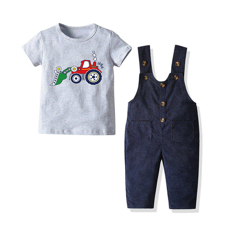 2 Pcs Infant Toddler Boy Set Cartoon Car Top Matching Overalls Wholesale 04057149