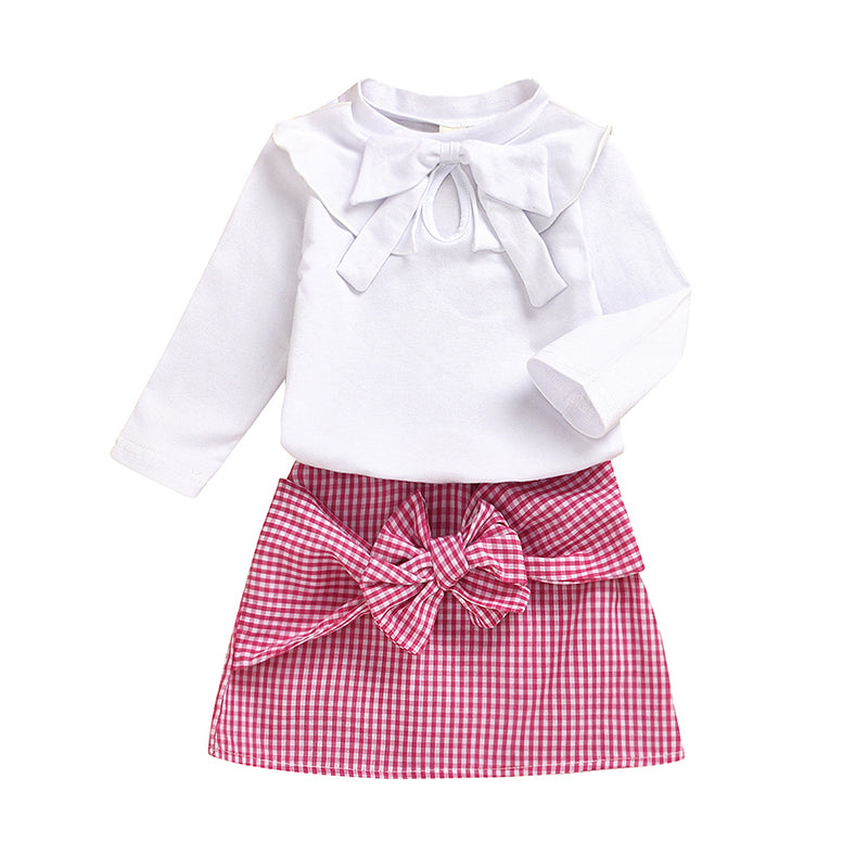 2 Pieces Set Baby Kid Girls Solid Color T-Shirts Checked And Bow Skirts Wholesale 71127495