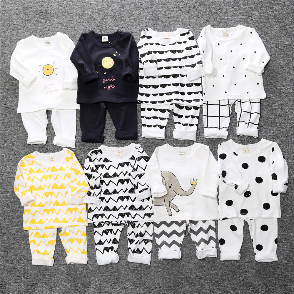 2 Pieces Set Baby Kid Girls Boys Letters Polka dots Animals Print Tops Solid Color And Checked Pants Sleepwears Wholesale 83156513