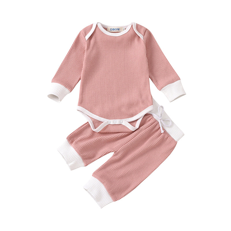 2 Pieces Set Baby Girls Boys Color-blocking Muslin&Ribbed Tops And Pants Wholesale 56357344