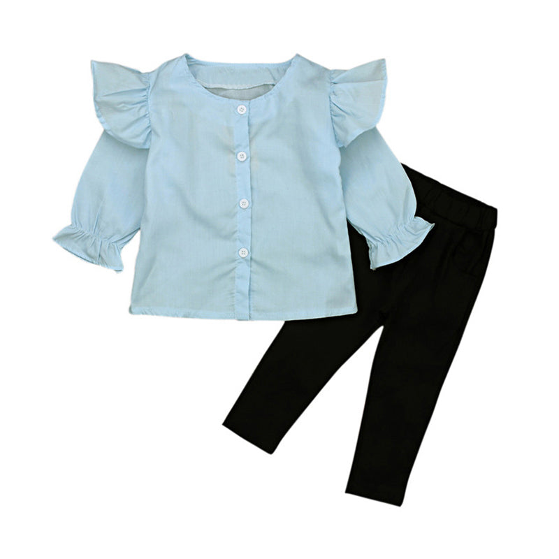 2 Piece Kid Girl Flared Sleeve Blouse With Trousers Set Wholesale 06593386