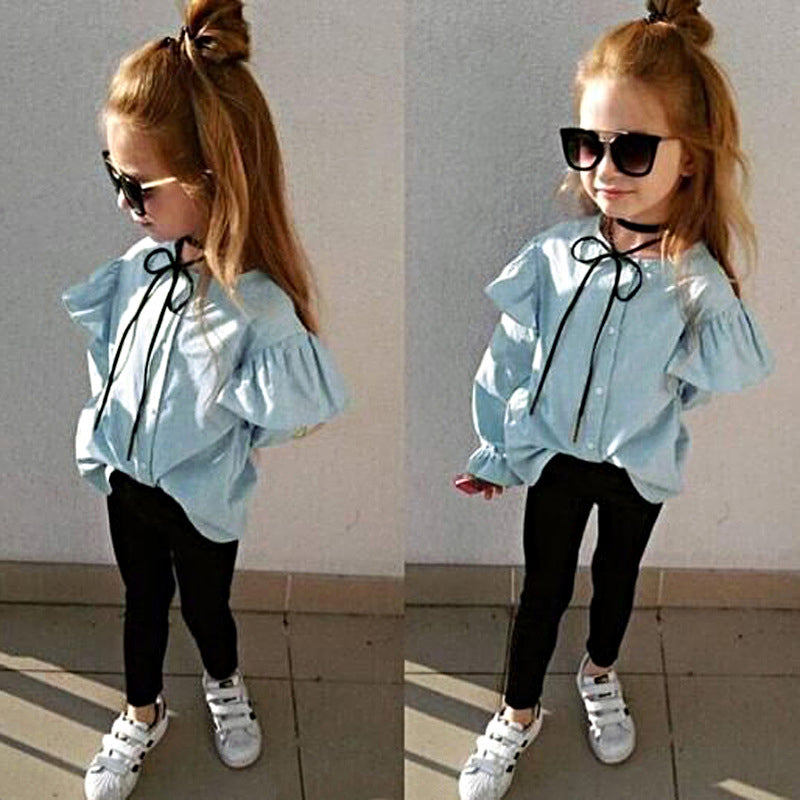 2 Piece Kid Girl Flared Sleeve Blouse With Trousers Set Wholesale 06593386