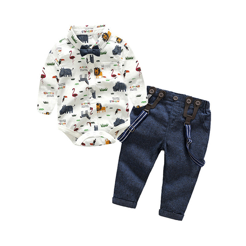 2 Pieces Baby Boy Animals Bowtie Bodysuit With Suspender Pants Set Wholesale 28345263