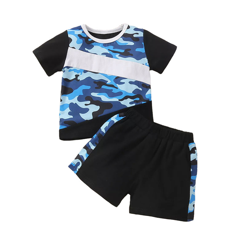 2 Pieces Baby Boy Camouflage Color Blocking Tee With Shorts Set Wholesale 70272621