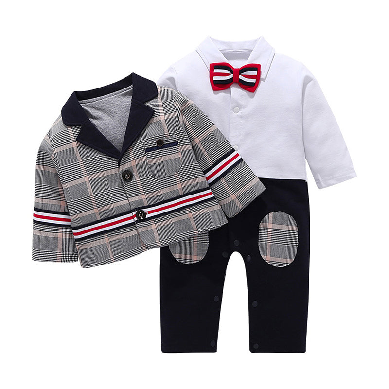 2 Pieces Set Baby Boys Dressy Birthday Striped Bow Jumpsuits And Checked Blazers Wholesale 28596479