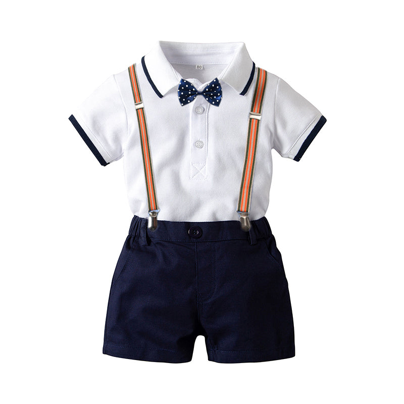 2 Pieces Baby Boy Gentlemen Bowtie Polo Bodysuit & Suspender Shorts Set Wholesale 05344495