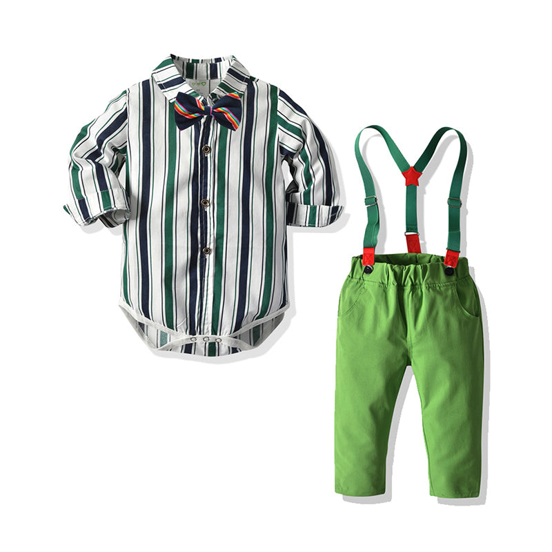 2 Pieces Set Baby Boys Birthday Party Striped Bow Rompers And Solid Color Jumpsuits Wholesale 98396131