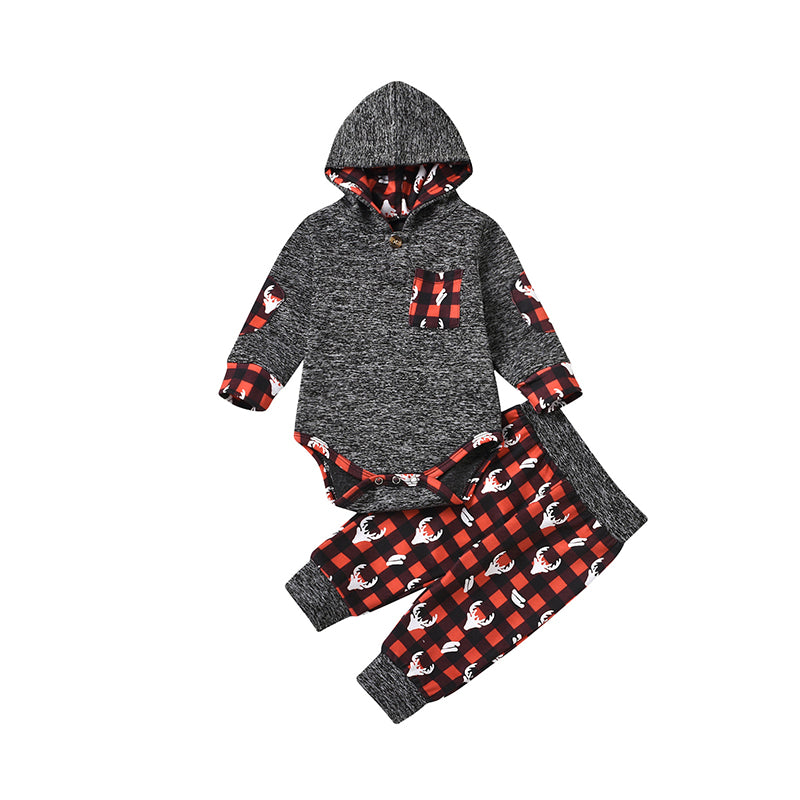 2 Pieces Set Baby Boys Christmas Animals Print Rompers And Checked Pants Wholesale 41776600