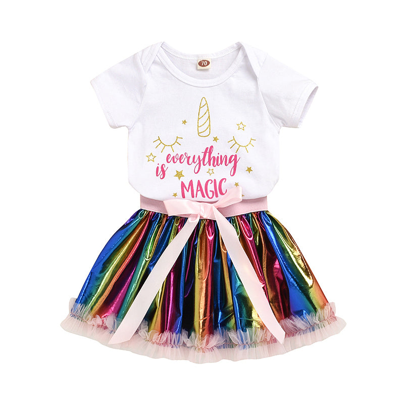 2 Pieces Set Baby Girls Letters Star Print Rompers And Rainbow Skirts Wholesale 37787488