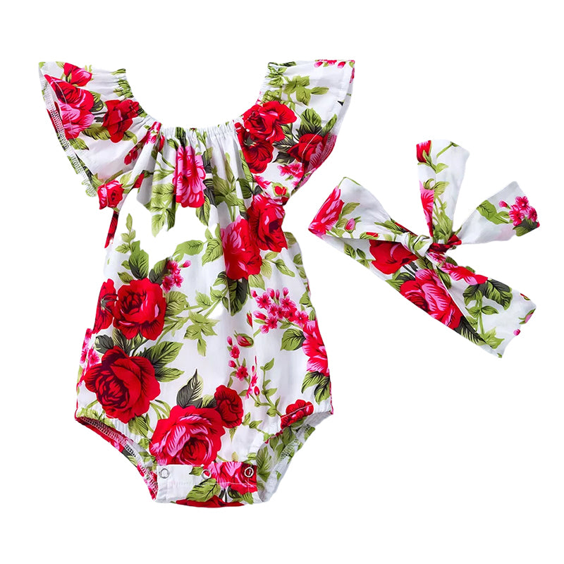 2 Pieces Baby Girl Flutter Sleeve Flower Print Off Shoulder Bodysuit With Headband Wholesale 85002597