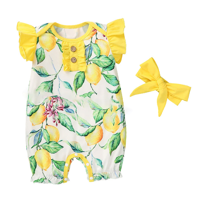 2 Pieces Baby Girl Fruit Print Frill Trim Romper And Headband Wholesale 21212220