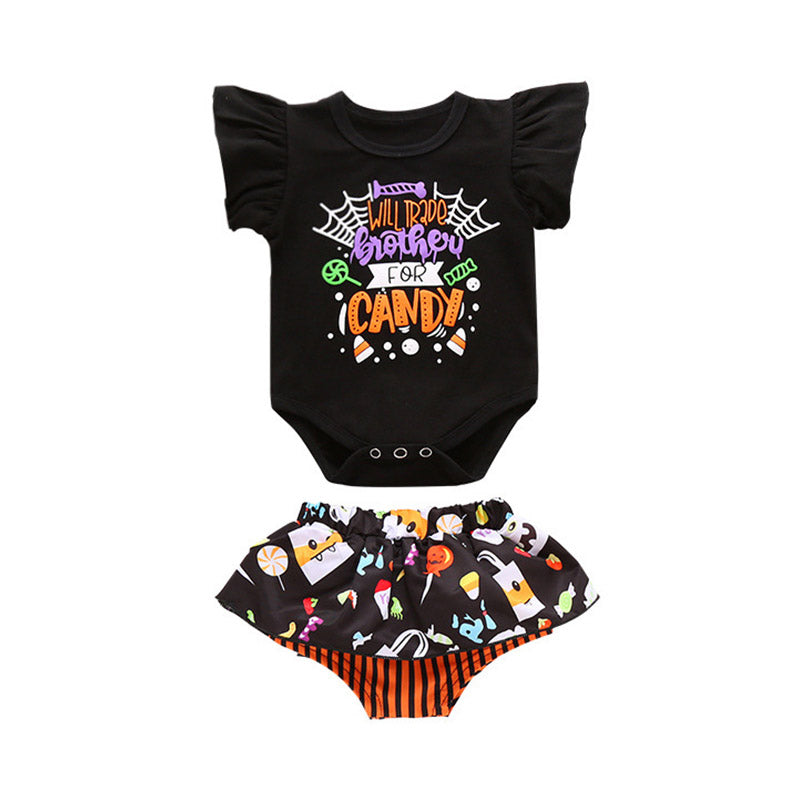 2 Pieces Baby Girl Halloween Set Flutter Sleeve Bodysuit With Shorts Wholesale 74717245