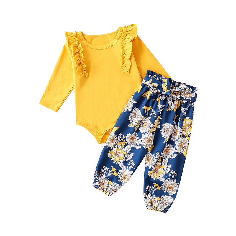 2 Pieces Baby Girl Outfit Ruffle Decor Yellow Bodysuit Matching Floral Belted Pants Wholesale 80137080