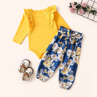 Load image into Gallery viewer, 2 Pieces Baby Girl Outfit Ruffle Decor Yellow Bodysuit Matching Floral Belted Pants Wholesale 80137080
