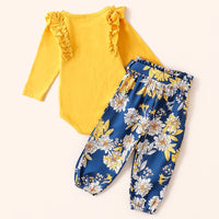 Load image into Gallery viewer, 2 Pieces Baby Girl Outfit Ruffle Decor Yellow Bodysuit Matching Floral Belted Pants Wholesale 80137080

