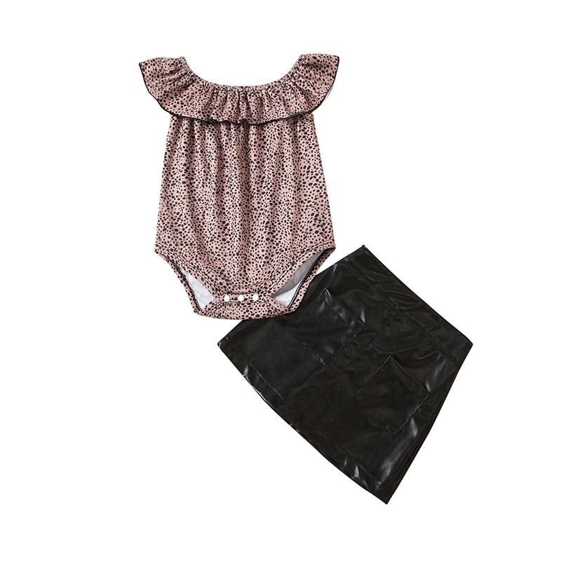 2 Pieces Baby Girl Polka Dots Leopard Print Bodysuit With PU Skirt Set Wholesale 41532639