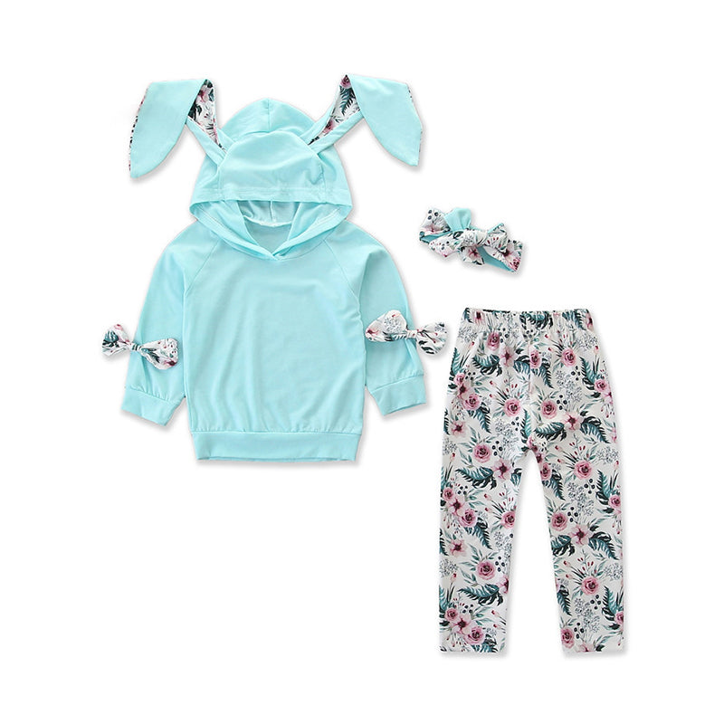 2 Pieces Baby Girl Rabbit Ear Hooded Sweatshirt And Flower Pants Set Wholesale 98384817