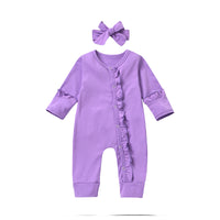 Load image into Gallery viewer, 2 Pieces Baby Girl Ruffle Decor Purple Jumpsuit And Headband Wholesale 78544791
