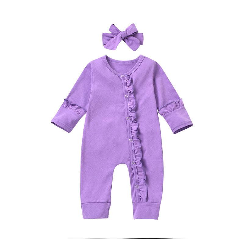 2 Pieces Baby Girl Ruffle Decor Purple Jumpsuit And Headband Wholesale 78544791