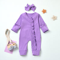 Load image into Gallery viewer, 2 Pieces Baby Girl Ruffle Decor Purple Jumpsuit And Headband Wholesale 78544791
