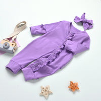 Load image into Gallery viewer, 2 Pieces Baby Girl Ruffle Decor Purple Jumpsuit And Headband Wholesale 78544791
