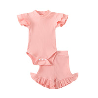 Load image into Gallery viewer, 2 Pieces Baby Girl Ruffle Decor Solid Color Set Bodysuit With Shorts Wholesale 62024751

