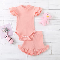 Load image into Gallery viewer, 2 Pieces Baby Girl Ruffle Decor Solid Color Set Bodysuit With Shorts Wholesale 62024751
