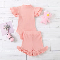 Load image into Gallery viewer, 2 Pieces Baby Girl Ruffle Decor Solid Color Set Bodysuit With Shorts Wholesale 62024751
