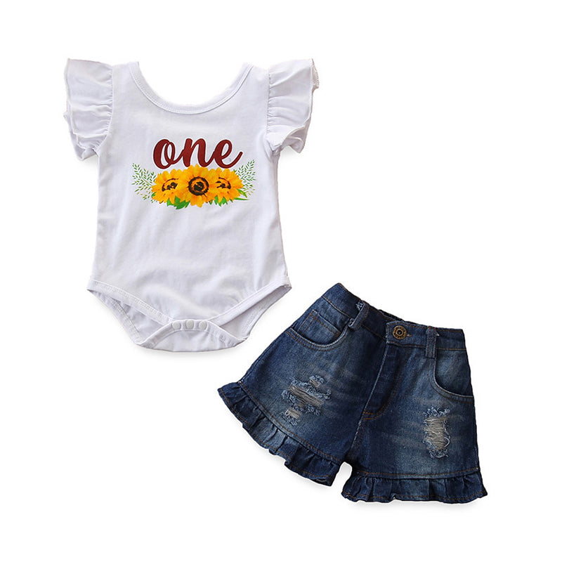 2 Pieces Set Baby Girls Letters Flower Print Rompers Solid Color And Ripped Shorts Wholesale 84257429