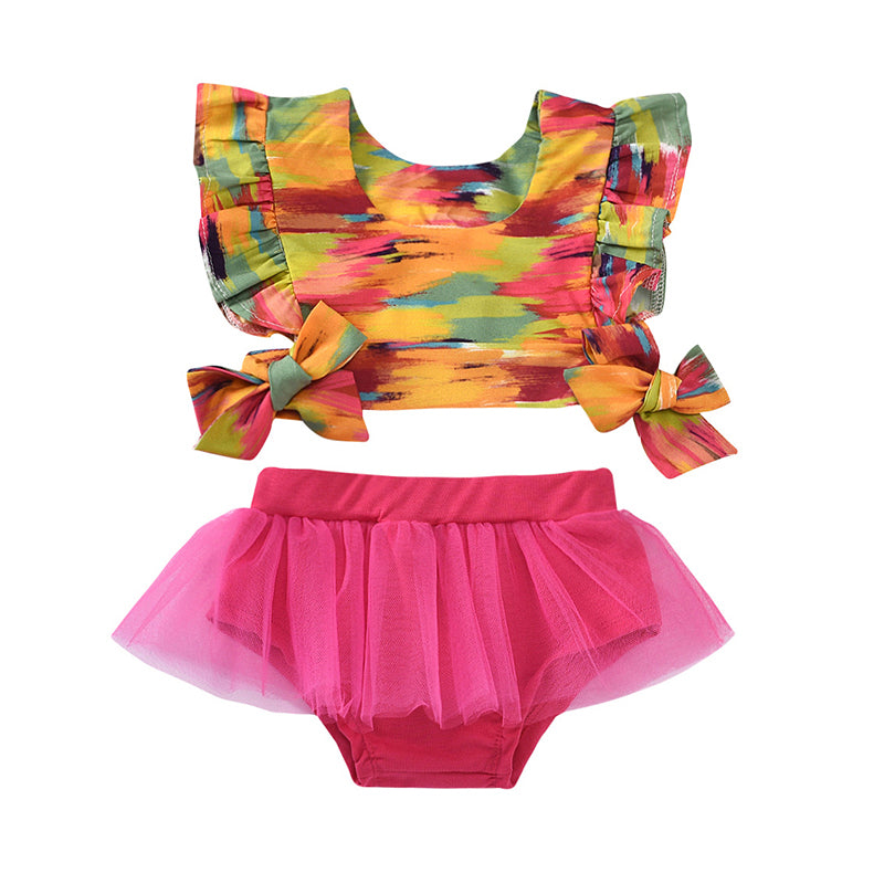 2 Pieces Baby Girl Tie Dye Flutter Sleeve Top With Mesh Shorts Set Wholesale 40564810