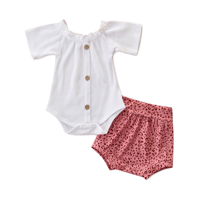 2 Pieces Baby Girl White Ribbed Off Shoulder Button Bodysuit And Pink Leopard Shorts Set Wholesale 53764724