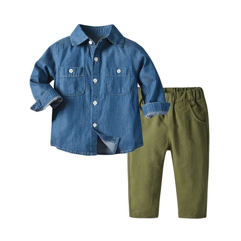 2 Pieces Baby Kid Boy Denim Shirt Matching Army Green Pants Set Wholesale 80643263