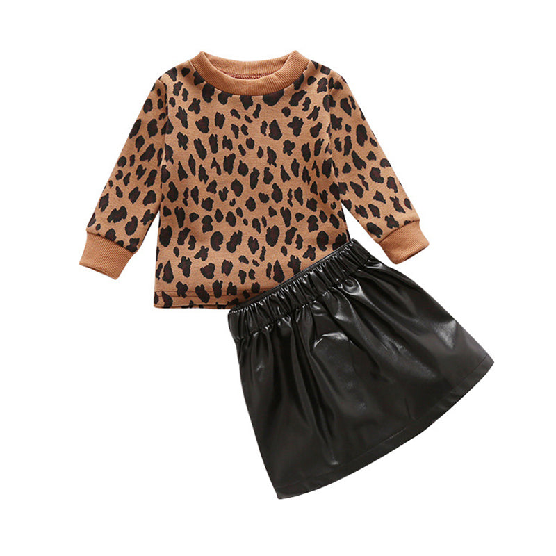 2 Pieces Baby Kid Girl Leopard Outfit Top Matching PU Skirt Wholesale 67554801