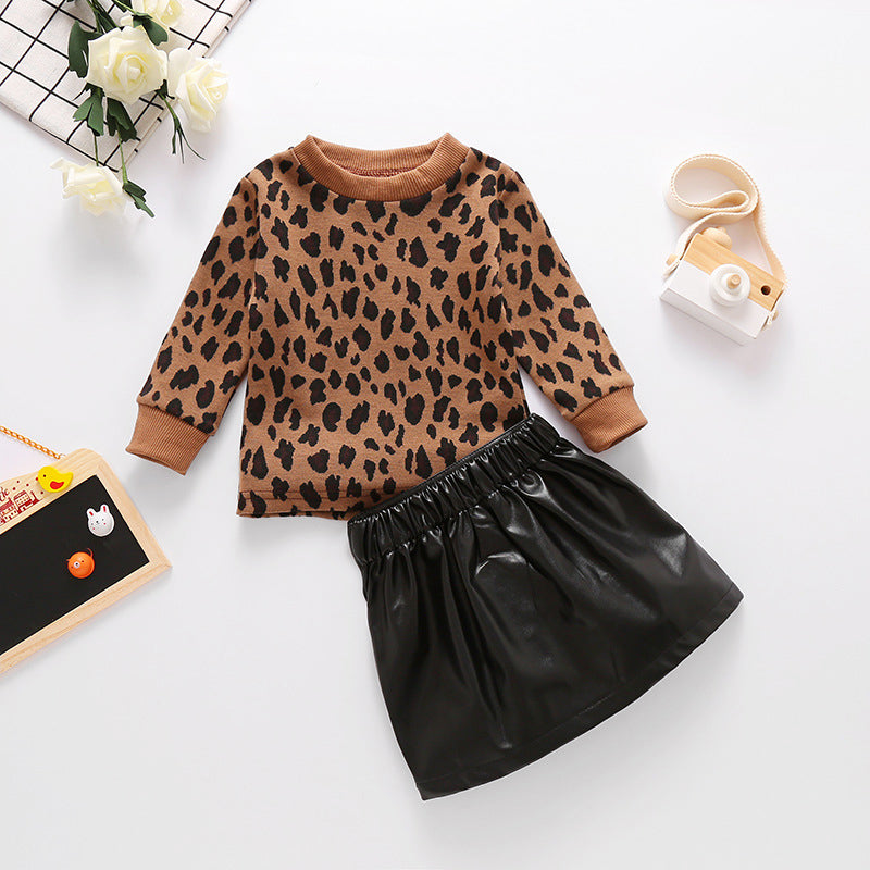 2 Pieces Baby Kid Girl Leopard Outfit Top Matching PU Skirt Wholesale 67554801