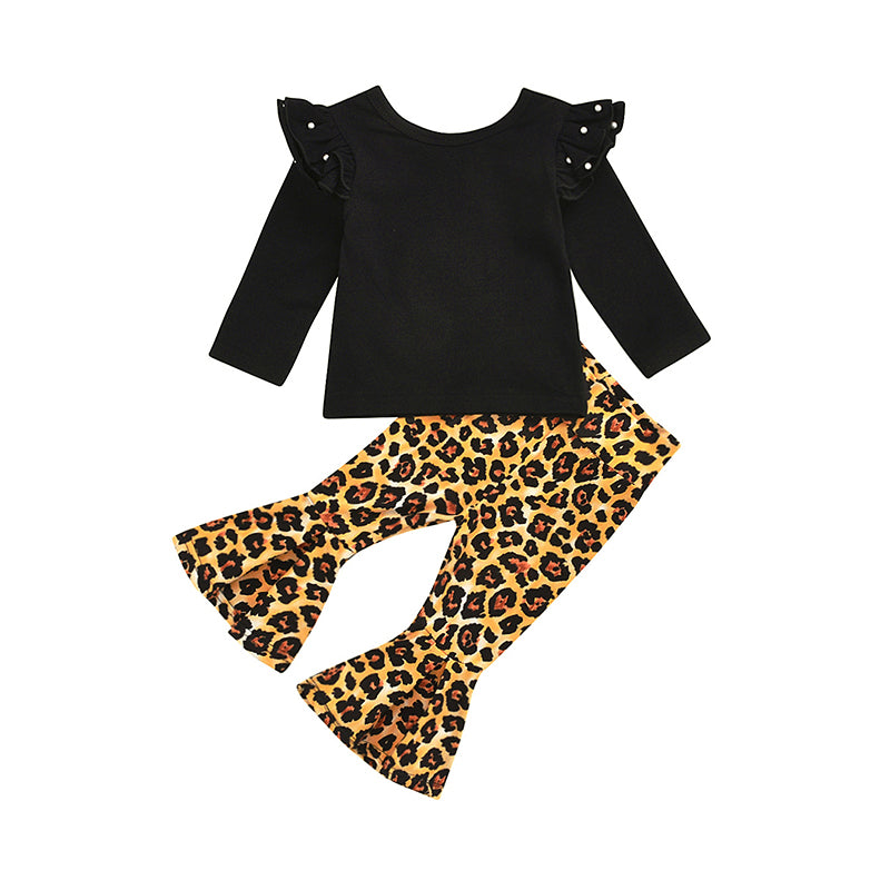 2 Pieces Baby Kid Girl Set Flutter Sleeve Top And Leopard Bell Bottoms Wholesale 01813772