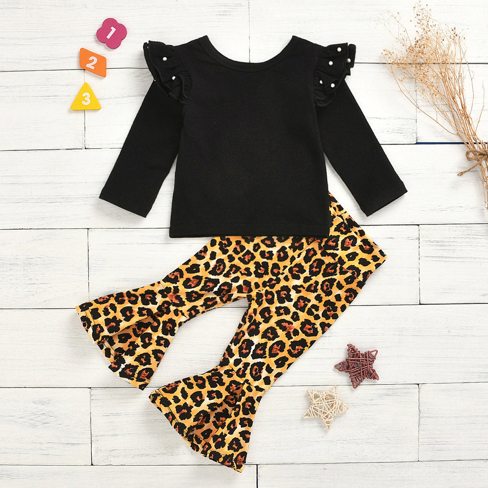 2 Pieces Baby Kid Girl Set Flutter Sleeve Top And Leopard Bell Bottoms Wholesale 01813772