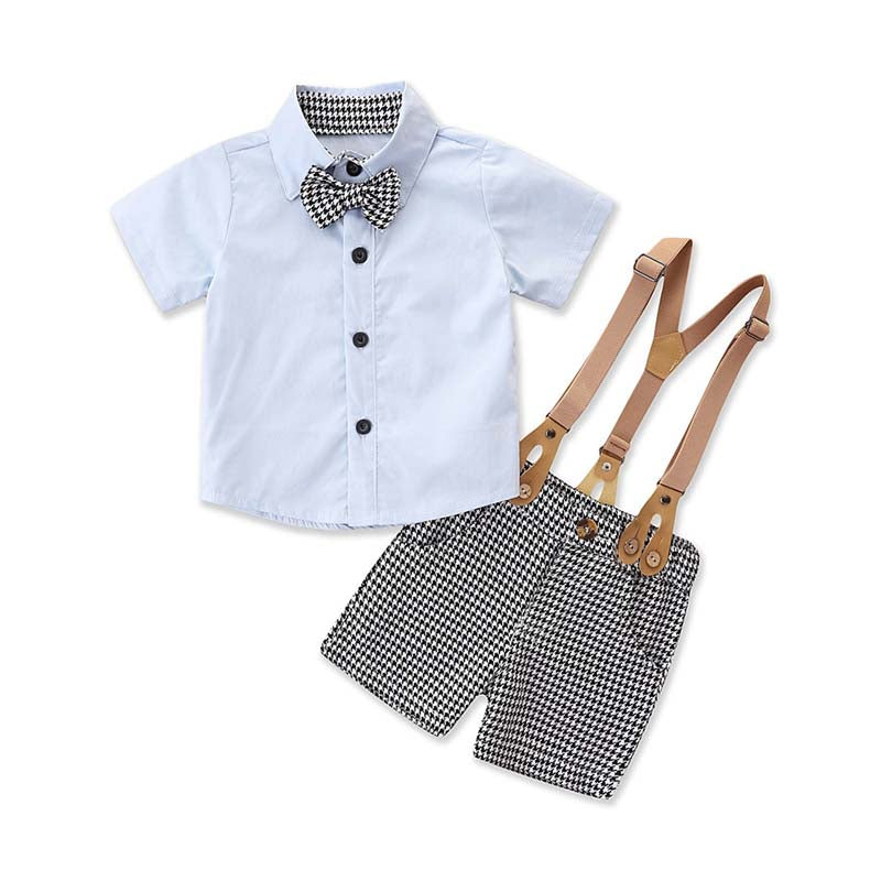 2 Pieces Baby Toddler Boy Houndstooth Pattern Set Bow Shirt And Suspender Shorts Wholesale 59242650