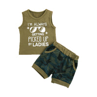 Load image into Gallery viewer, 2 Pieces Baby Toddler Boy I&#39;m Always Getting Picked Up By Ladies Print Tank Top And Slant Pocket Camo Shorts Set Wholesale 53212616
