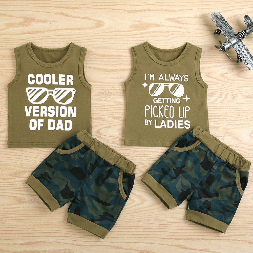 2 Pieces Baby Toddler Boy I'm Always Getting Picked Up By Ladies Print Tank Top And Slant Pocket Camo Shorts Set Wholesale 53212616