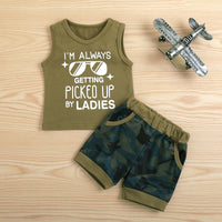 Load image into Gallery viewer, 2 Pieces Baby Toddler Boy I&#39;m Always Getting Picked Up By Ladies Print Tank Top And Slant Pocket Camo Shorts Set Wholesale 53212616
