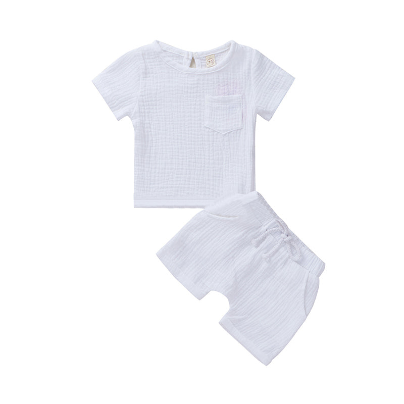 2 Pieces Baby Toddler Unisex Solid Color Muslin Top With Shorts Set Wholesale 65353477