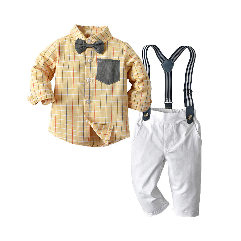 2 Pieces Gentleman Boy Suits Bowtie Checked Top And White Suspender Pants Set Wholesale 28703336