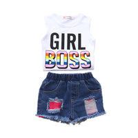 Load image into Gallery viewer, 2 Pieces Girl Boss Print Tank Top And Patched Ripped Denim Shorts Set Wholesale 77172348 第 1 个媒体（共 13 个）
